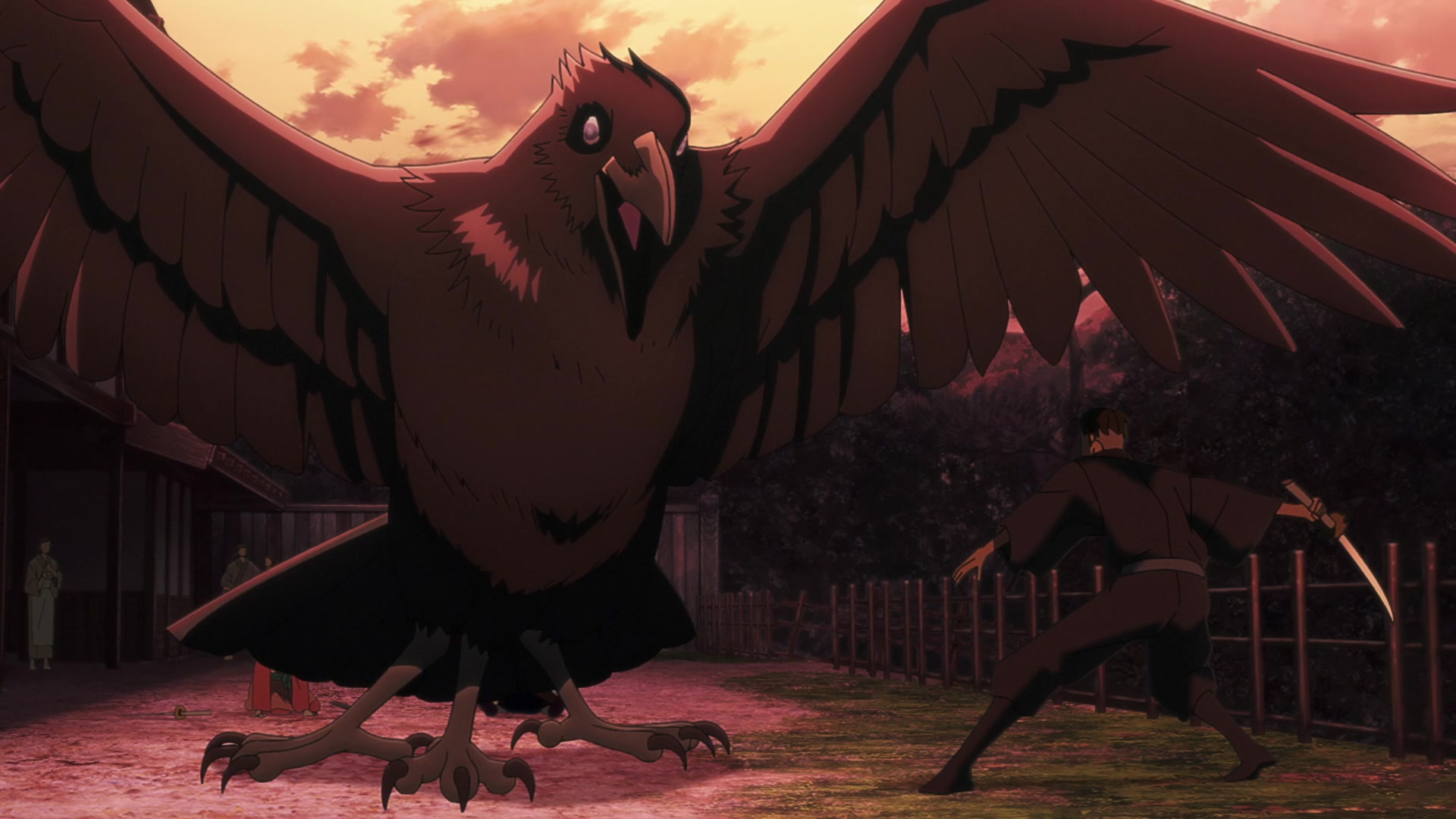 A giant three-legged raven extending its wings in front of a person with a sword in a still from Yatagarasu