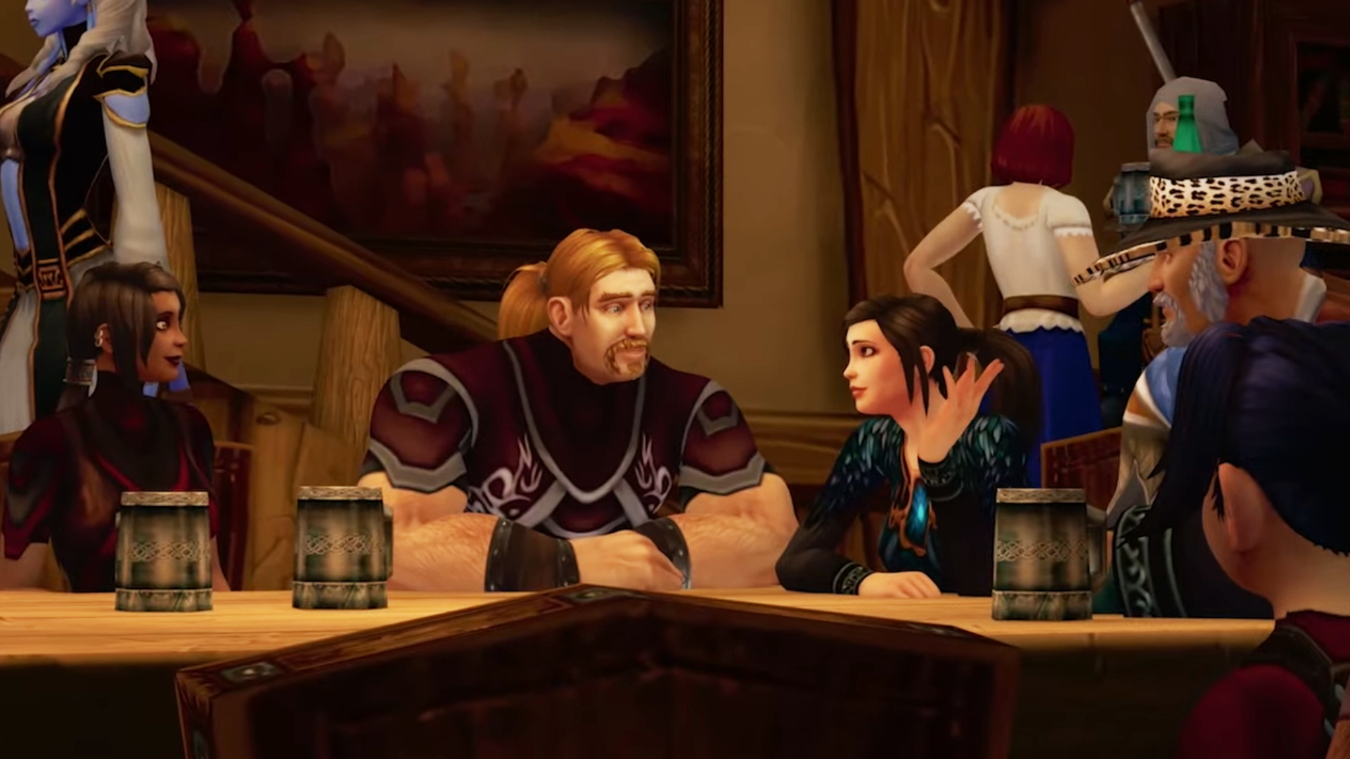 Ibelin, Mats Steen's World of Warcraft rogue, shares a meal with friends in the Goldshire inn.