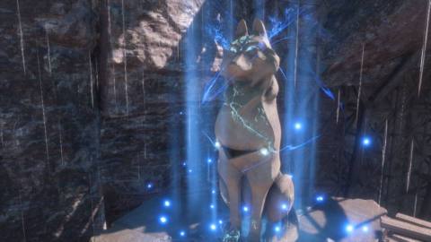 A Fen’Harel Altar glows blue in Dragon Age the Veilguard