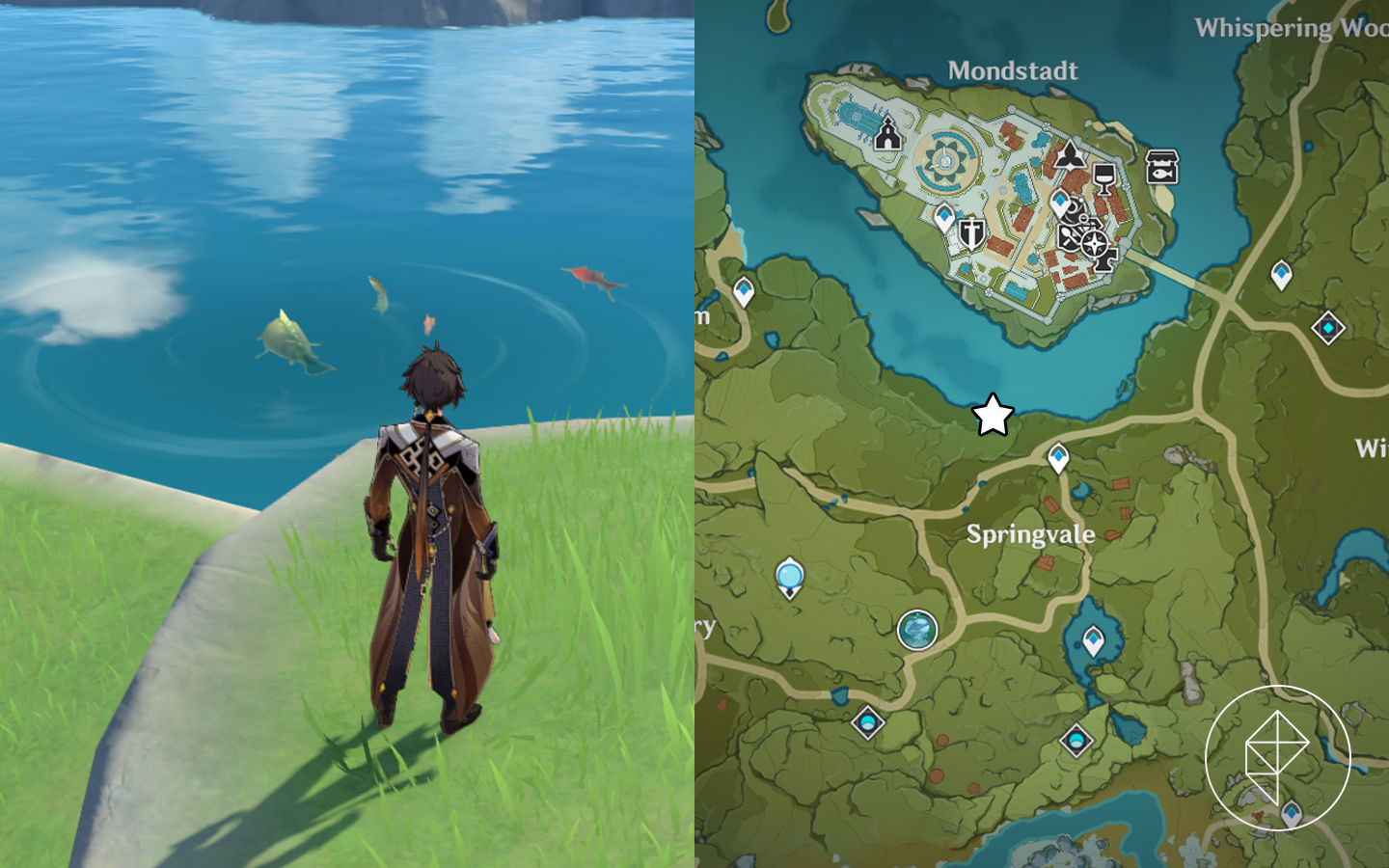 A split map showing Zhongli standing in front of Cider Lake near Springvale with the map starring his location