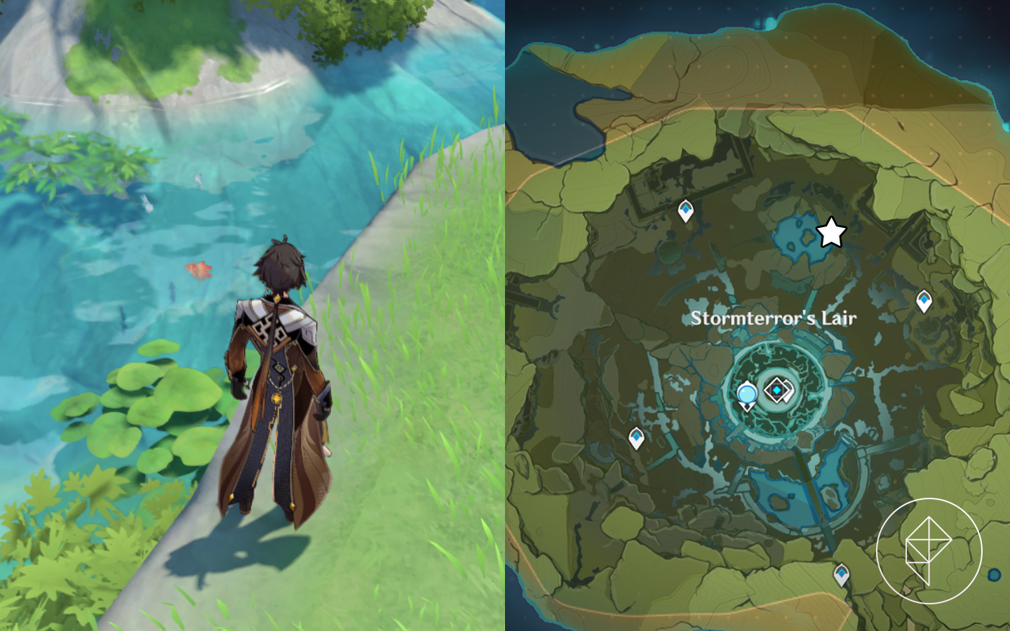 Zhongli stands by a fishing hole while a map points out where to find the fish north of Stormterror’s Lair