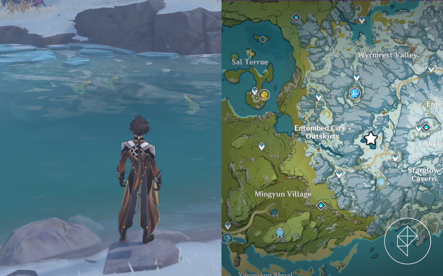 A map showing where to find fish in the Dragonspine mountains