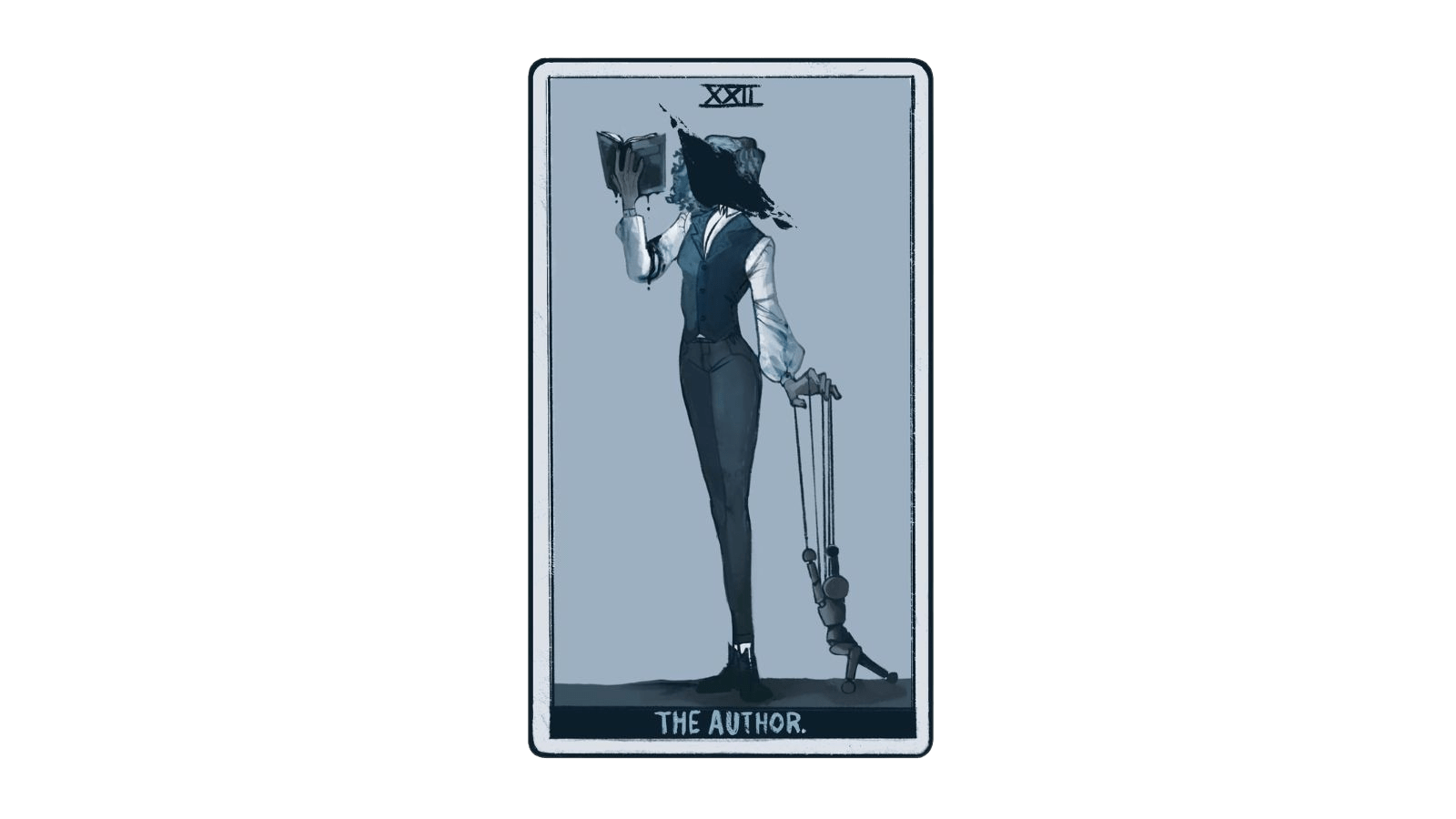 a tarot card that says XXII, The Author, with a person holding a book and a marionette, with ink dripping off their hands and covering their face