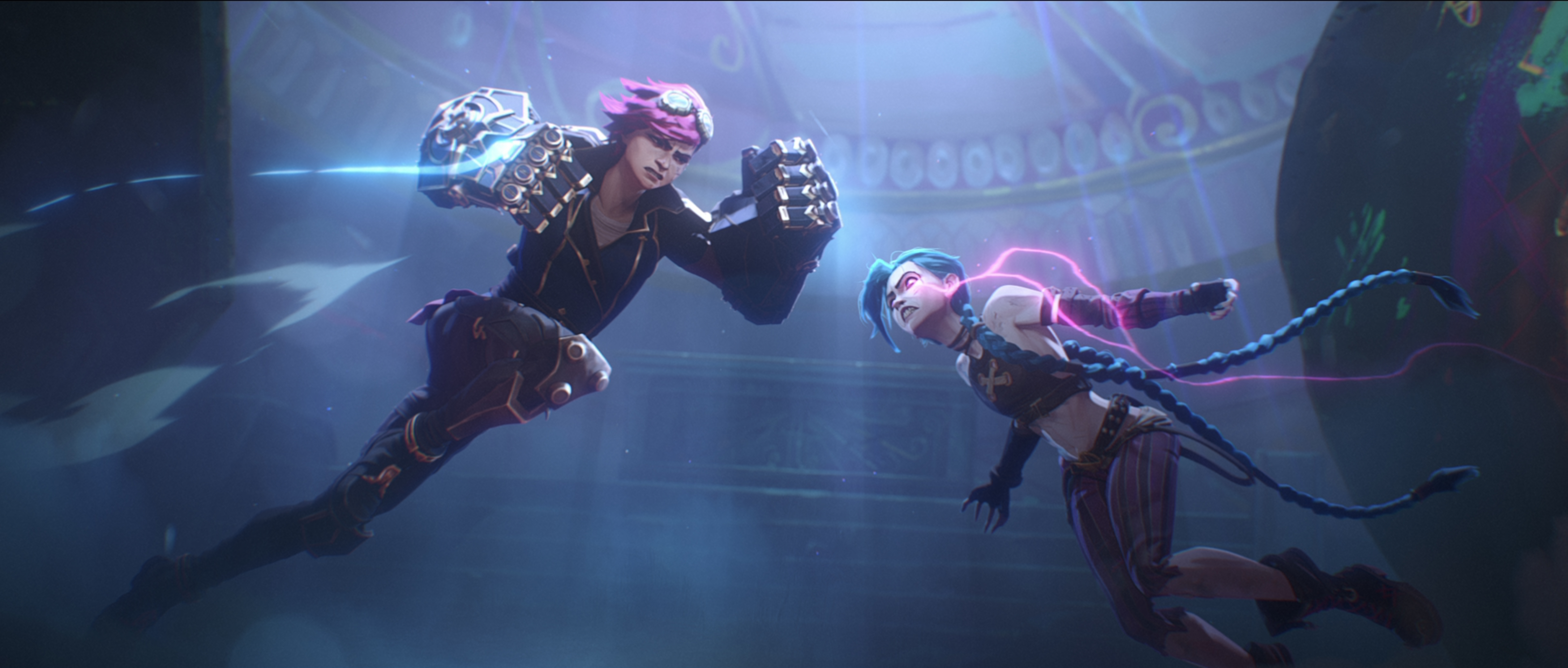 Vi and Jinx mid fight, about to hit each other, in a still from Arcane season 2