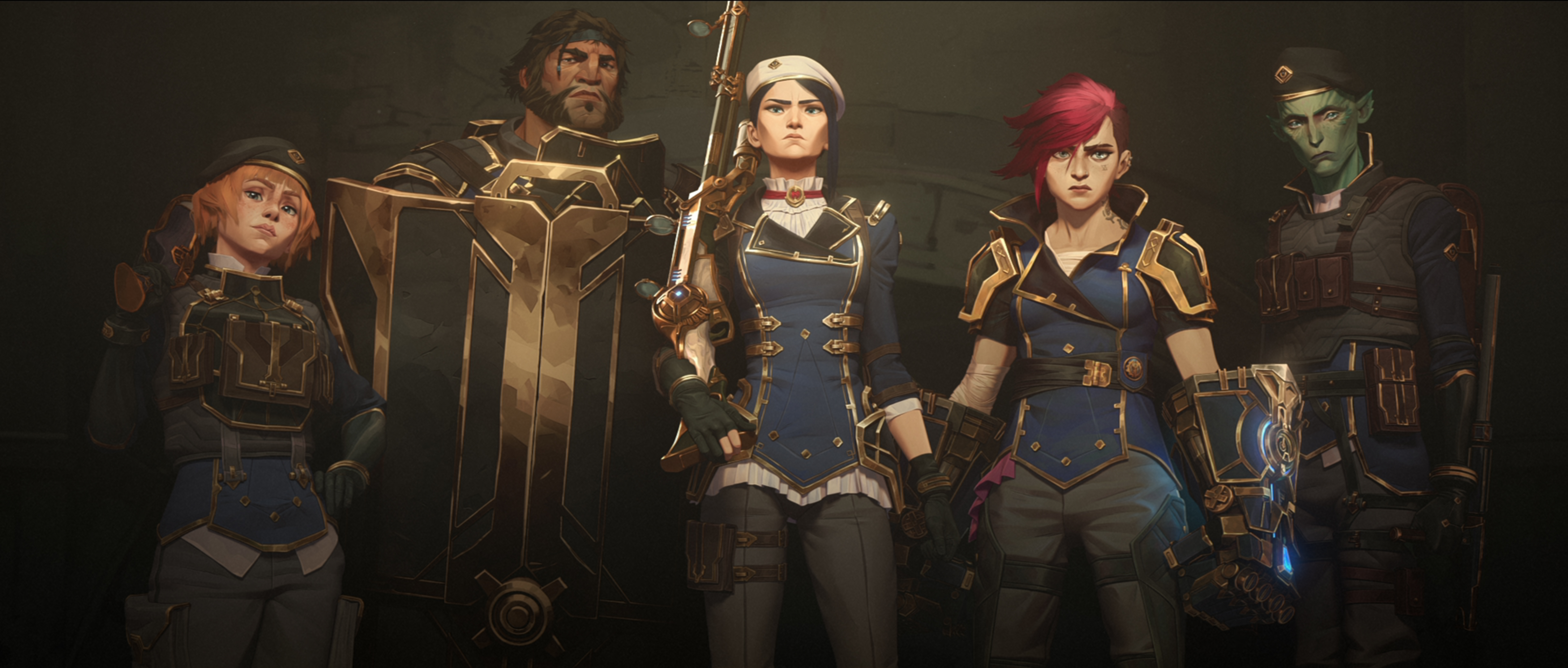 Vi, Caitlyn, and several other characters from Arcane season 2 stand in enforcer uniforms 