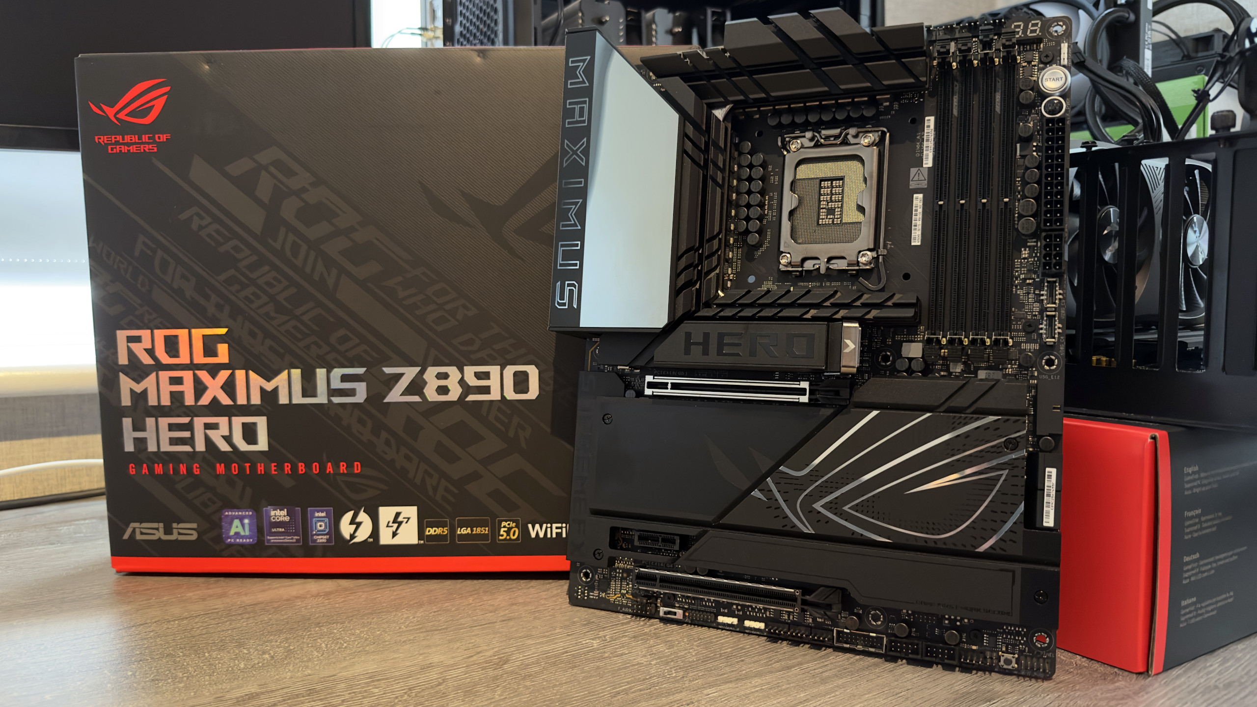 A close up photo of the Asus ROG Maximus Z890 Hero motherboard