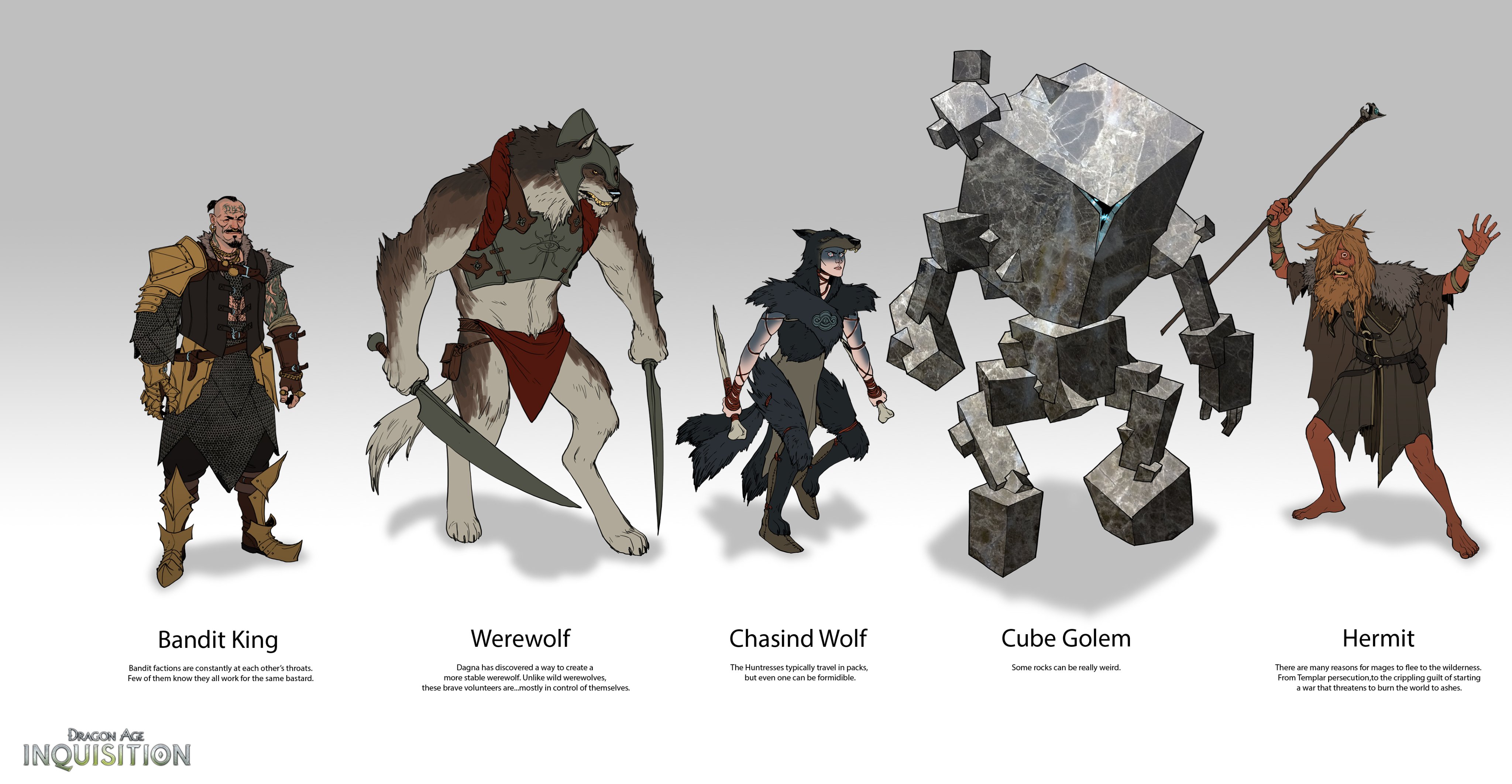 Concept art for Dragon Age characters, including a cuboid golem and a 