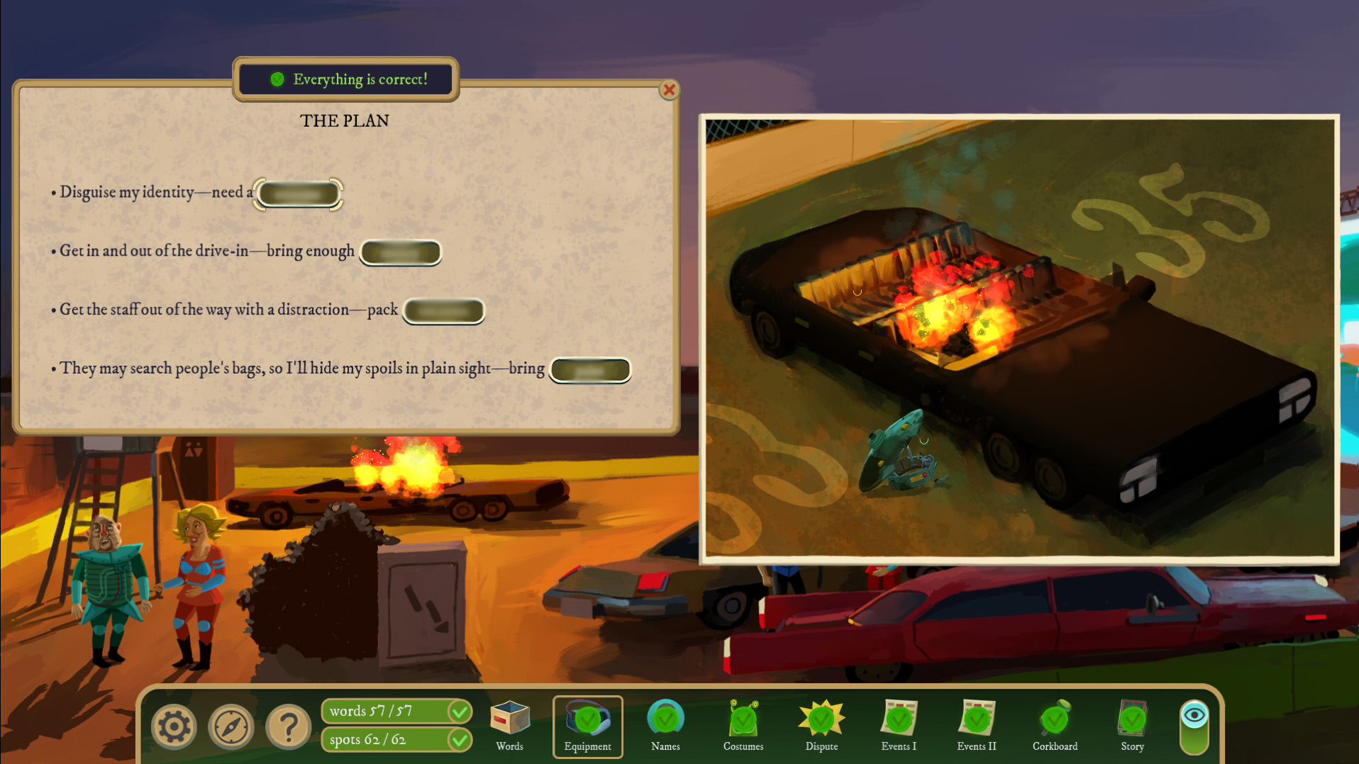 A player examines a flaming car in Rise of the Golden Idol