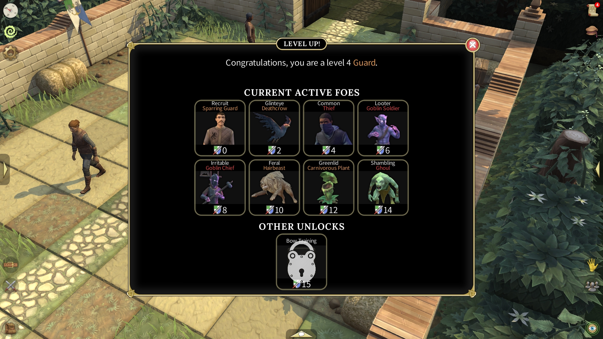 A level up screen in Brighter Shores, showing upcoming enemy unlocks for the Guard profession.