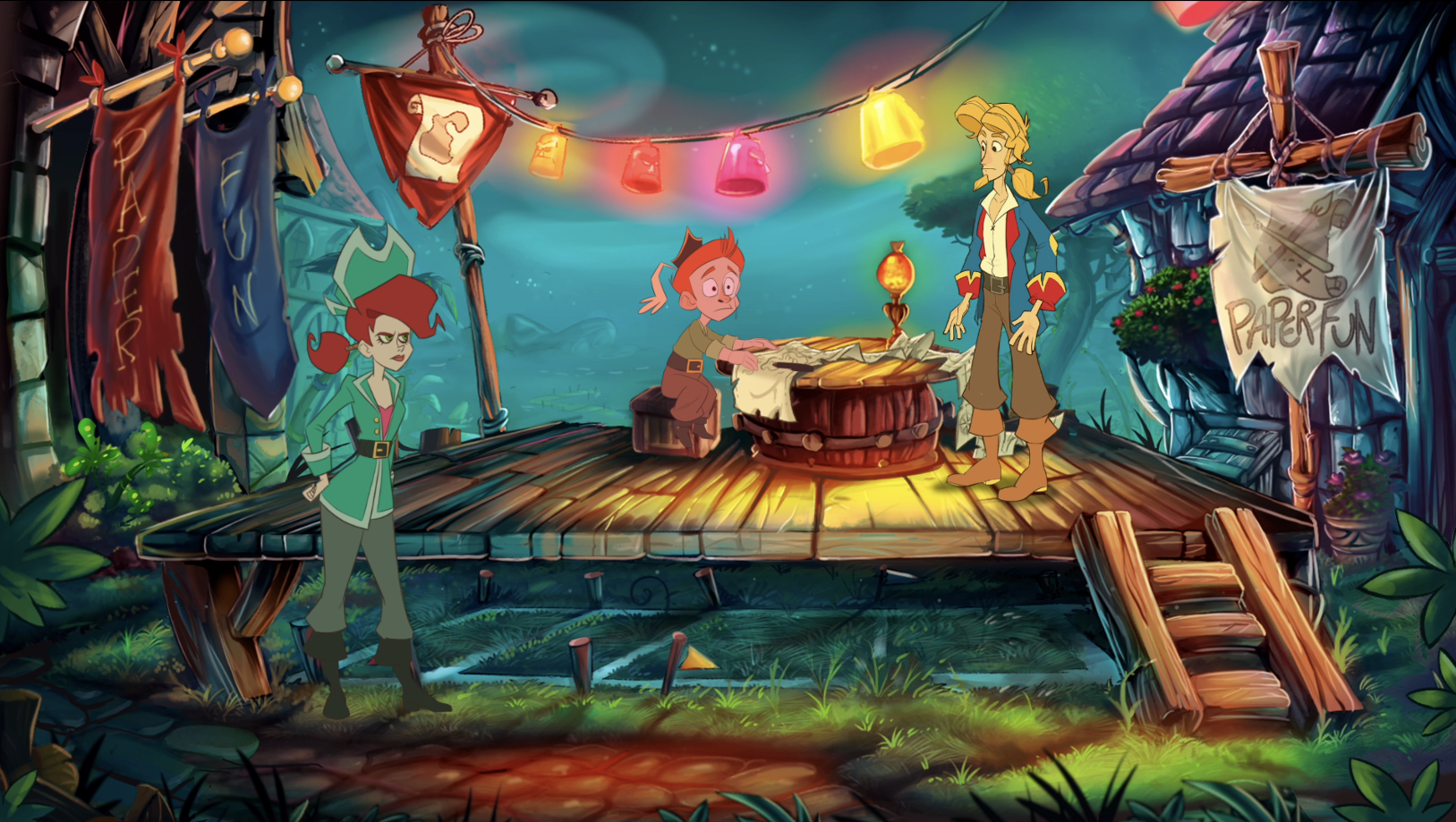 A screenshot from The Booze of Monkey Island featuring Guybrush Threepwood, Wally, and Kate Capsize