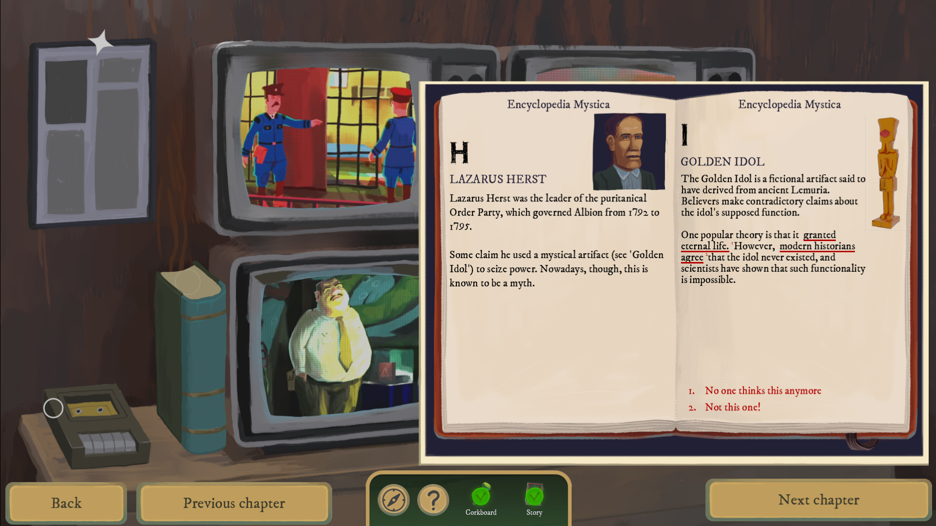 A player reads an old history book in Rise of the Golden Idol