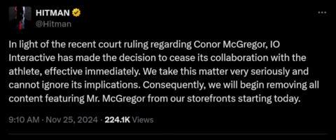 Conor McGregor cut from Hitman ‘effective immediately’ after jury orders him to pay $260,000 to a woman who accused him of rape