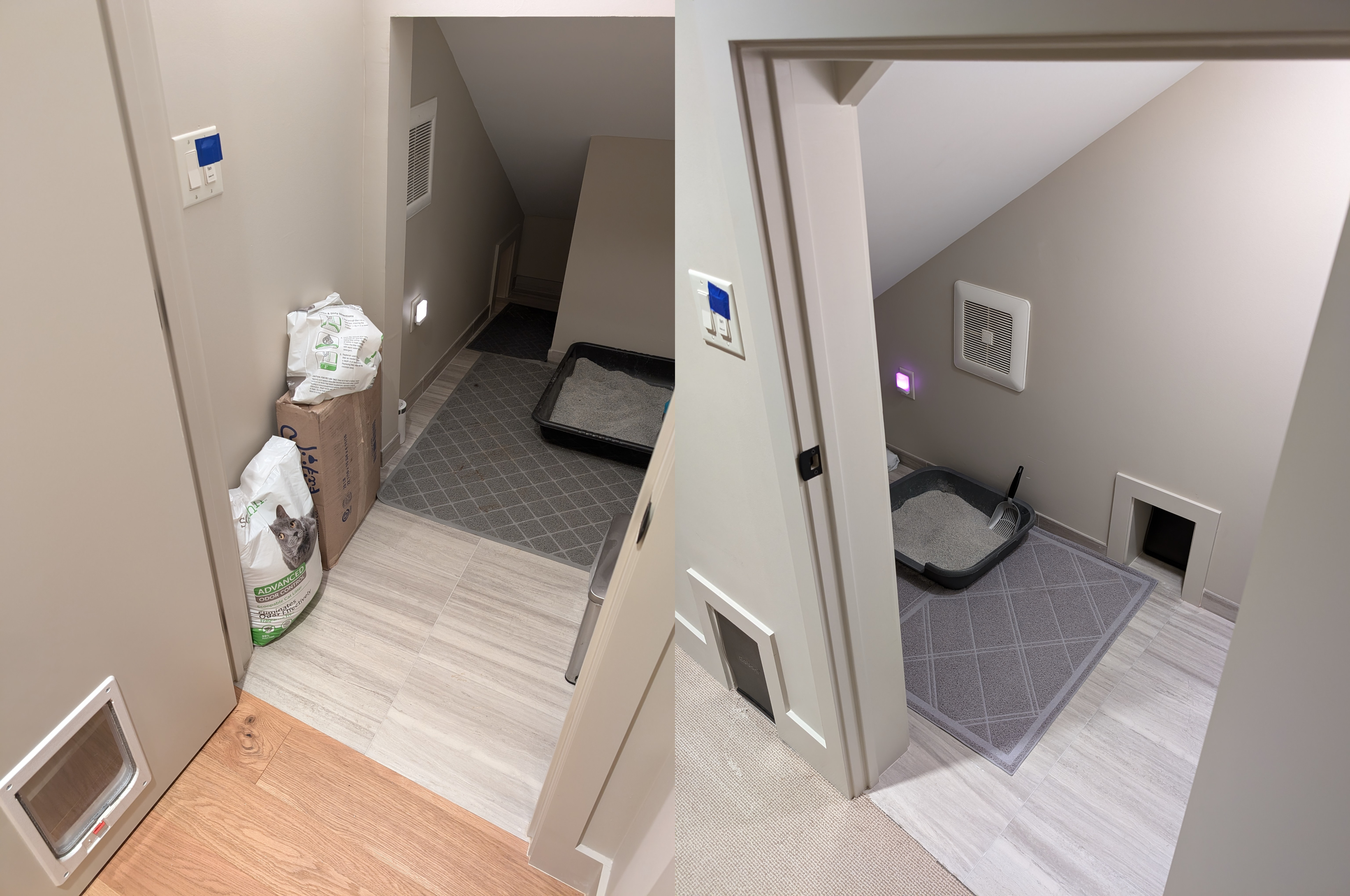 Two of the LAN party house's 'cat restrooms.' These are two alcoves with litter boxes and dedicated air ventilation, plus cat doors.