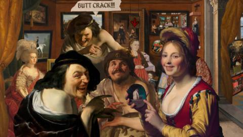 A screenshot from Death of the Reprobate. On the screen there are various characters from classical paintings with perverted smiles. One of them is saying, “Butt crack!!!”