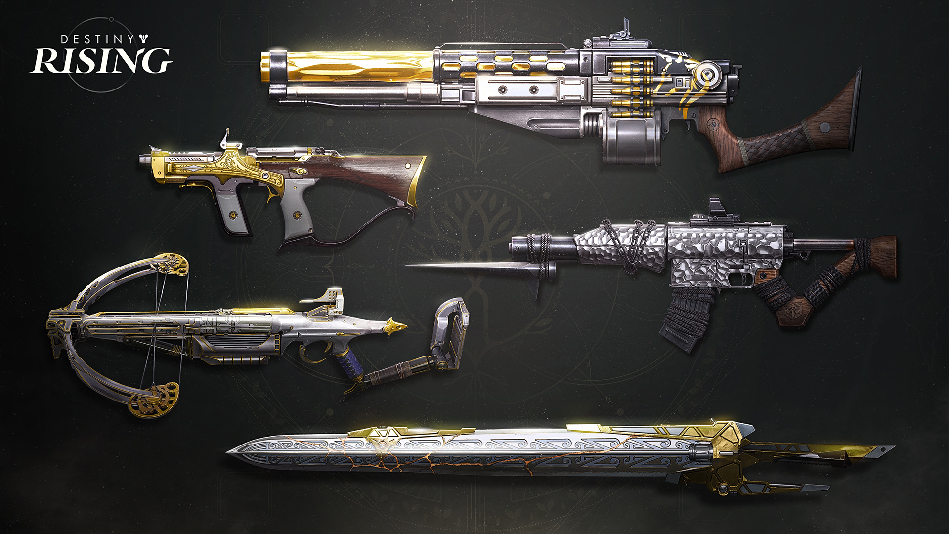 A heap of Exotic weapons sits against a backdrop in Destiny: Rising