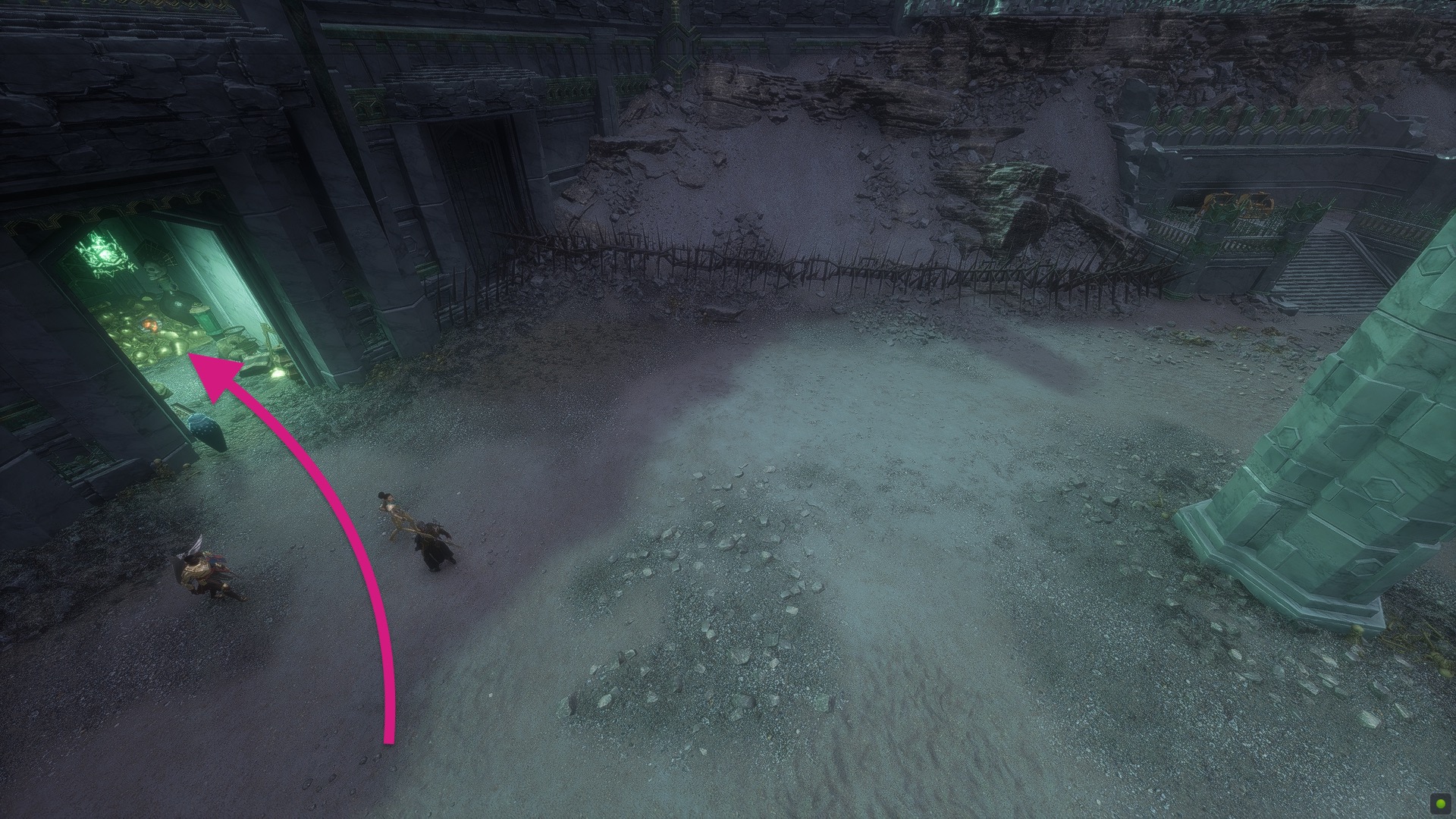 An arrow shows where to go to get the Mysterious Circle in Necropolis Halls