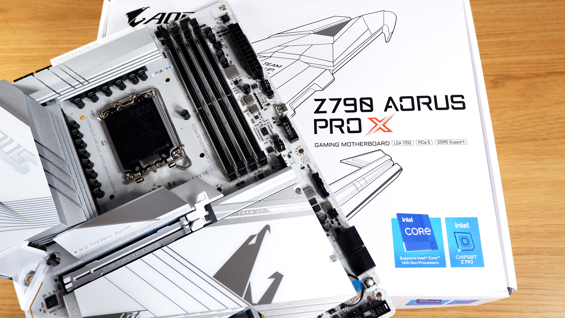 The Gigabyte Aorus Z790 Aorus Pro X motherboard on its box.