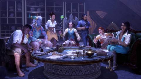 A group of Dragon Age: The Veilguard companions sitting around a table together