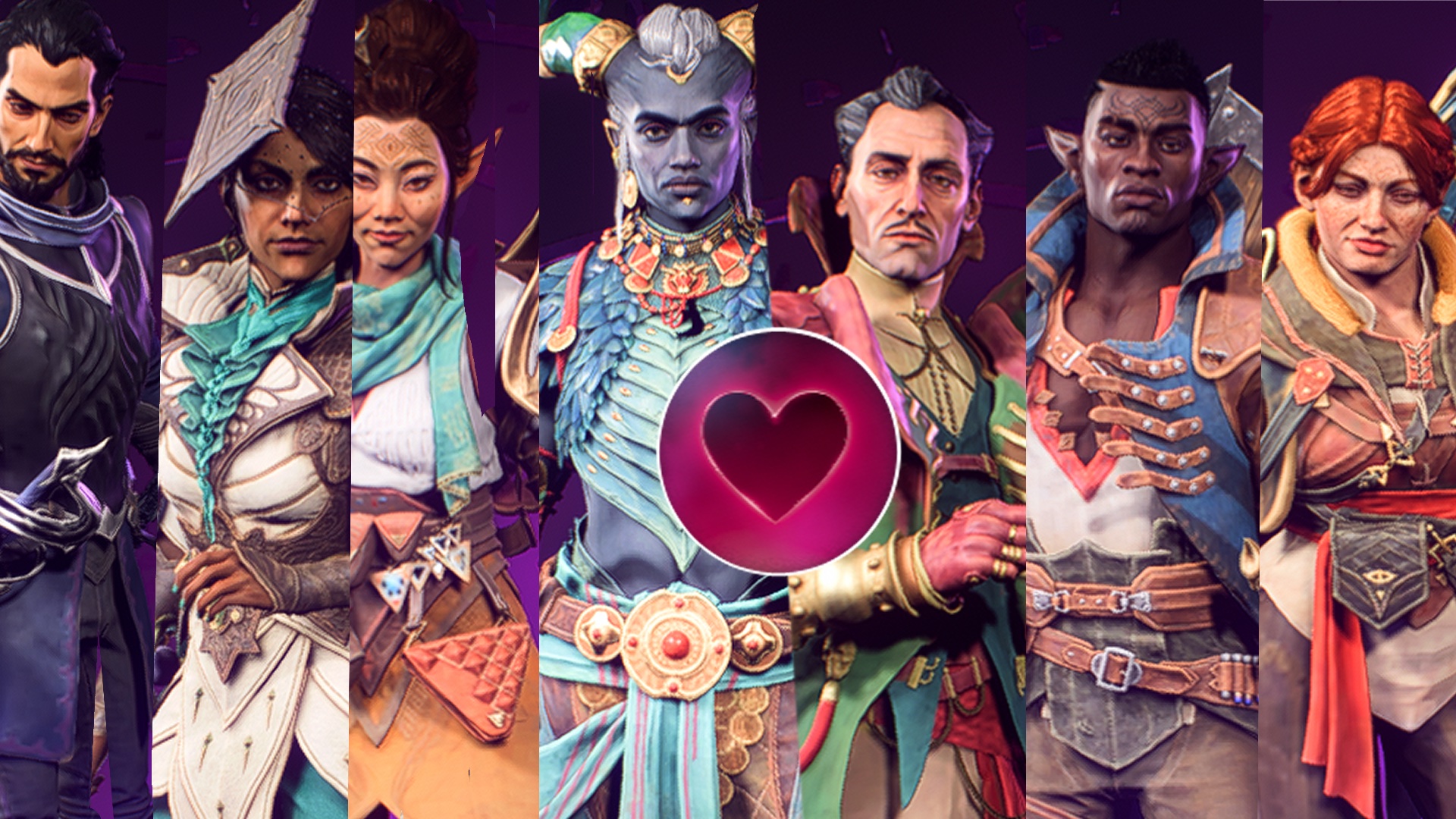 A collage of Dragon Age: The Veilguard’s seven romanceable character options.