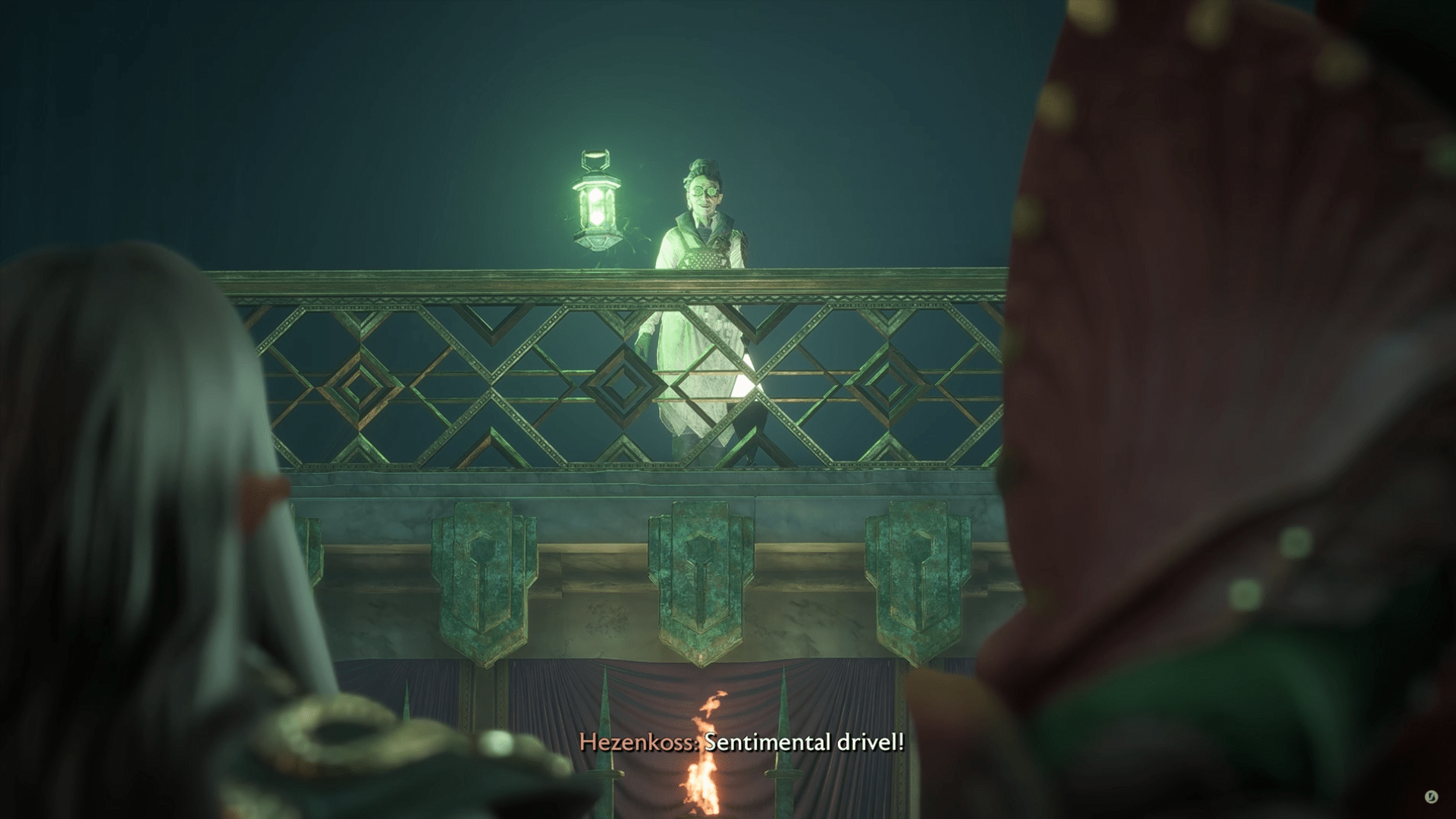 Hezenkoss, an evil necromancer flanked by a glowing lantern of souls, looks down from her ornate balcony in Dragon Age: The Veilguard. The caption reads: “Sentimental drivel!”