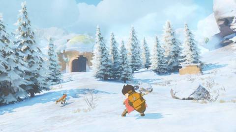 Zee stands in the snow, surrounded by a fox and snow-capped trees, in a screenshot from Europa