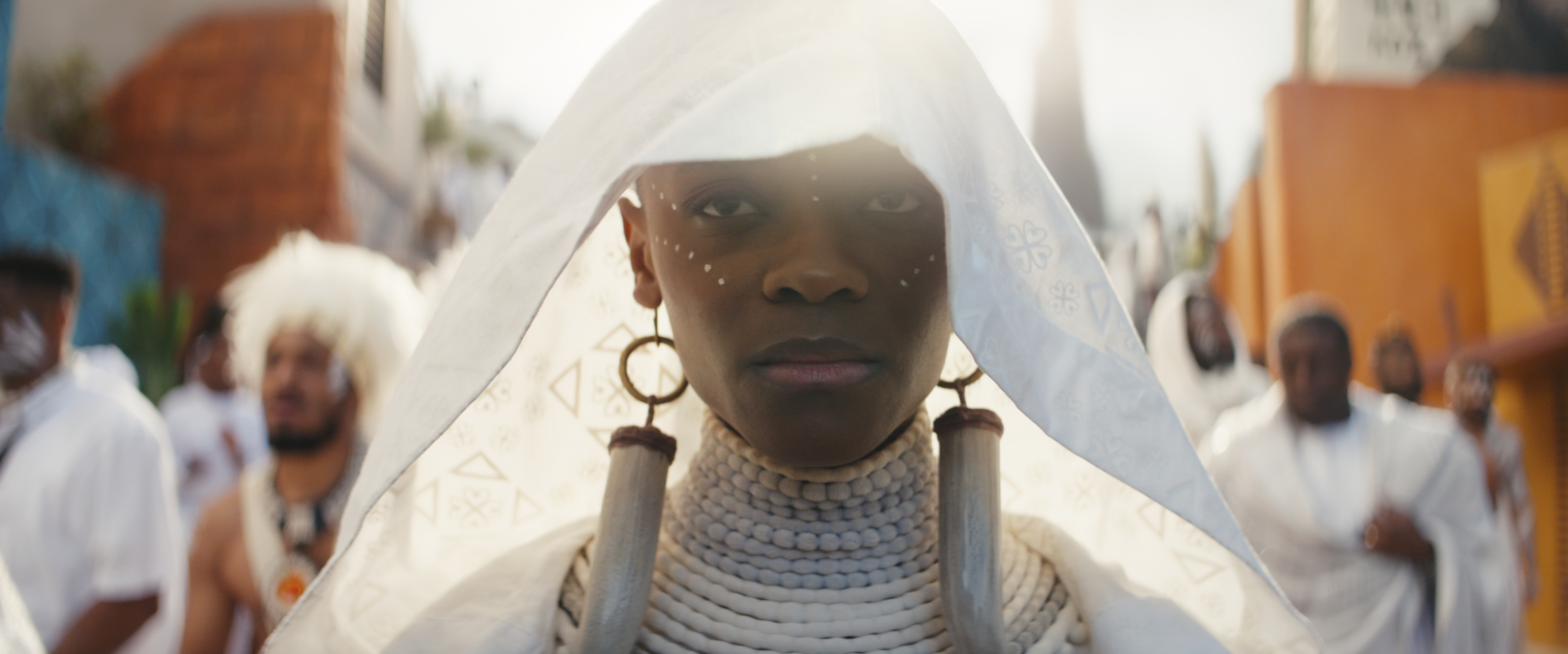 Letitia Wright as Shuri, in mourning clothes in Black Panther: Wakanda Forever.