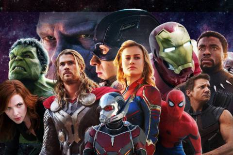 A collage of Marvel movie characters, including Black Widow, Hulk, Thor, Captain America, Ant-Man, Captain Marvel, Spider-Man, Iron Man, Hawkeye, and Black Panther, with Thanos looming in the deep background