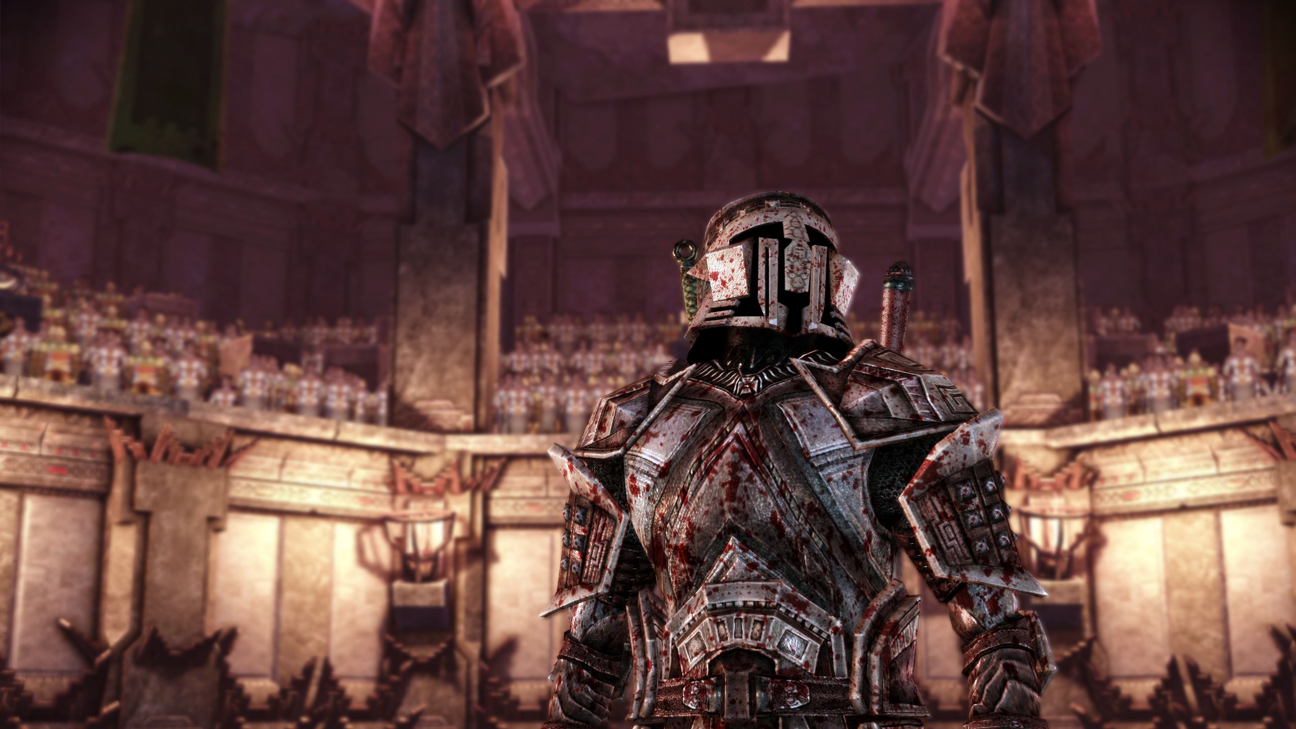 An armored dwarf covered in blood stands in a gladiatorial arena