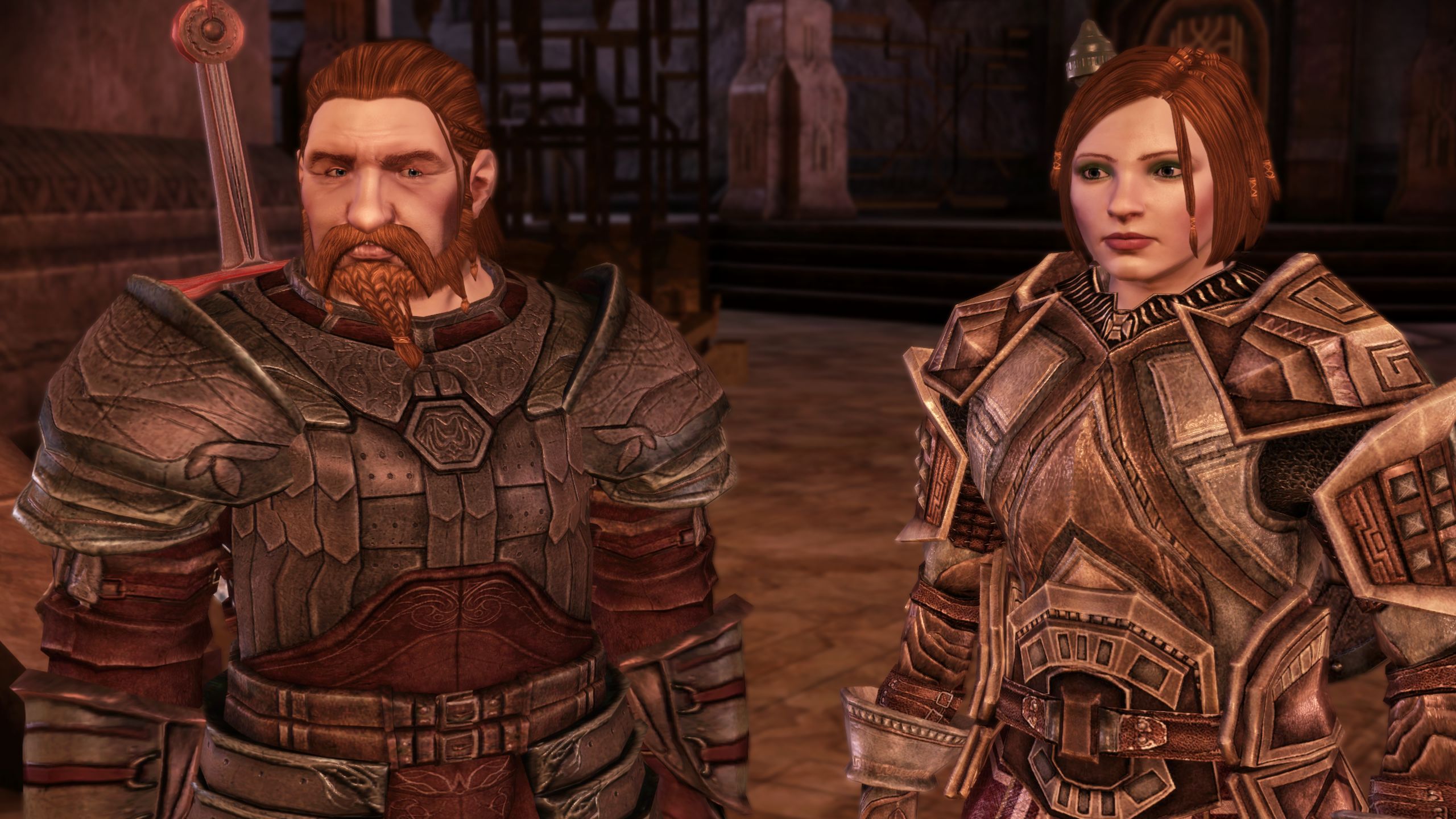 Two armored dwarves stand side by side