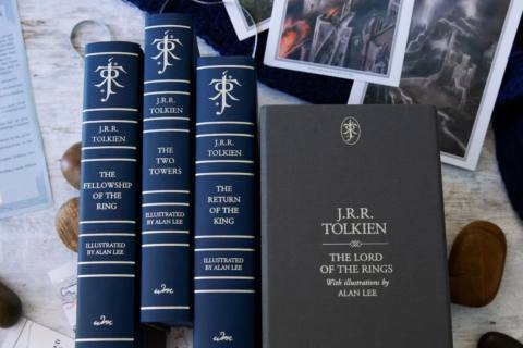 A collage of six deluxe editions of books written by J.R.R. Tolkien