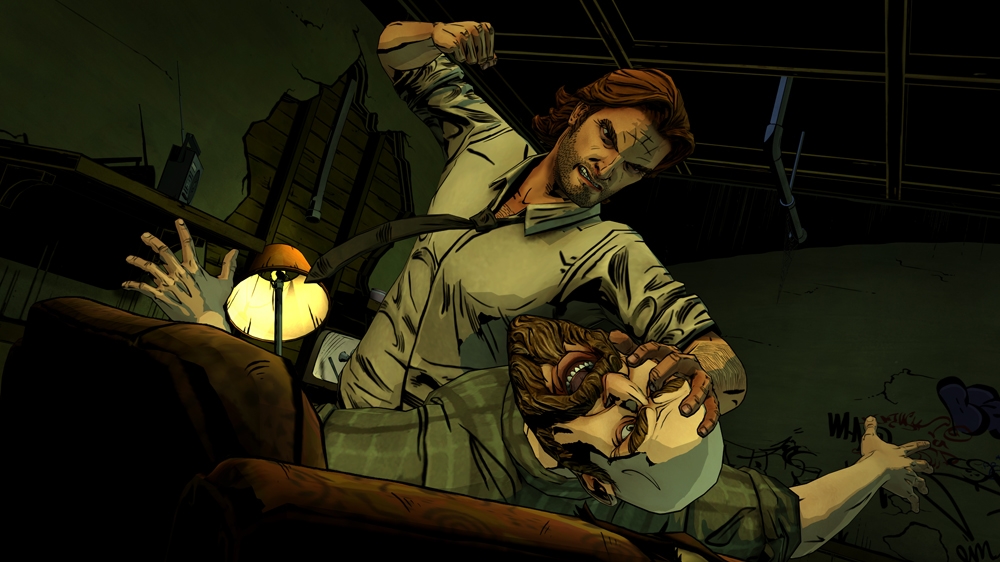 A screenshot from The Wolf Among Us showing Bigby punching the Woodsman