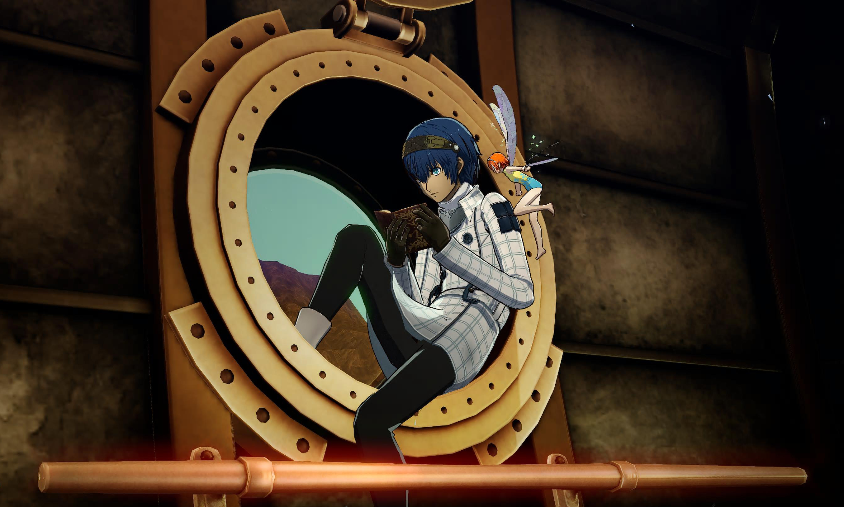 The protagonist from Metaphor: ReFantazio sits in a porthole reading a small book with his fairy companion