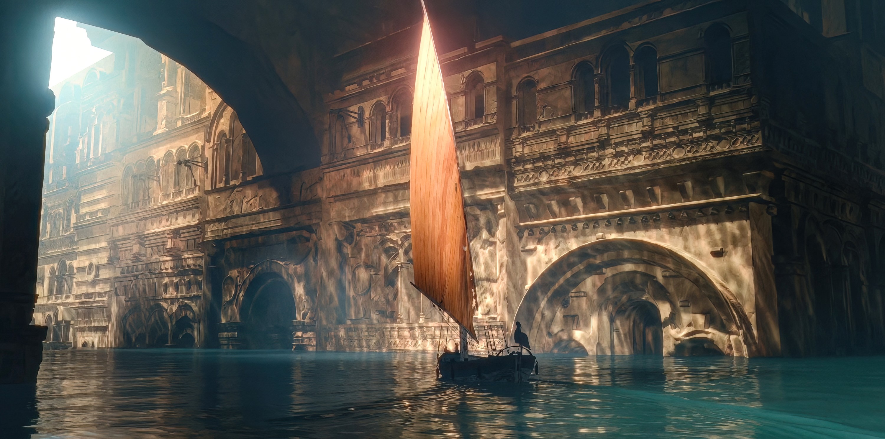 A sailbat floats through a mysterious flooded city in Flow.