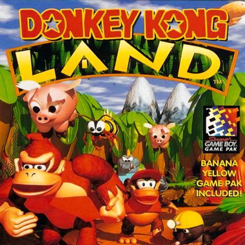 The cover art for the Game Boy game Donkey Kong Land, featuring Donkey Kong and Diddy Kong walking through the jungle accompanied by various other cute animals