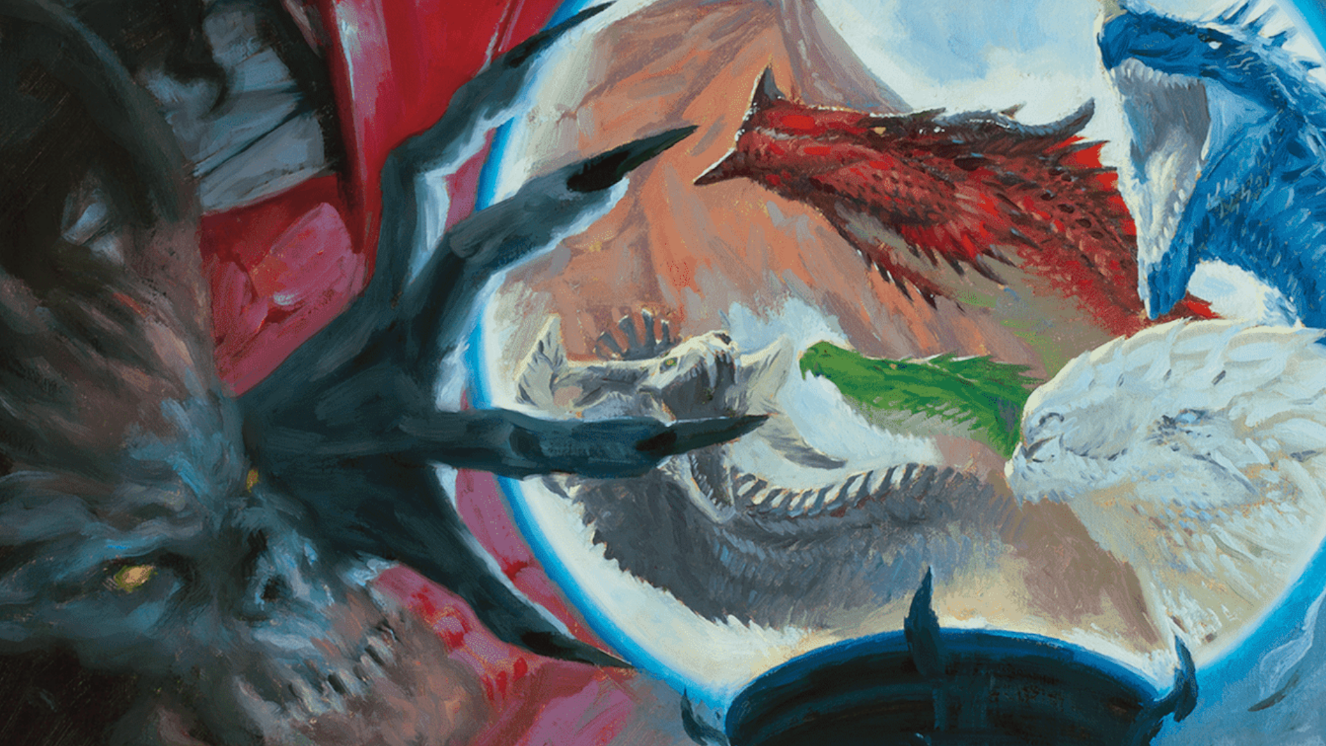 A claw wraps around a scrying orb spying on the multi-headed visage of tiamat in D&D, as part of the 2024 ruleset's Dungeon Master's Guide.