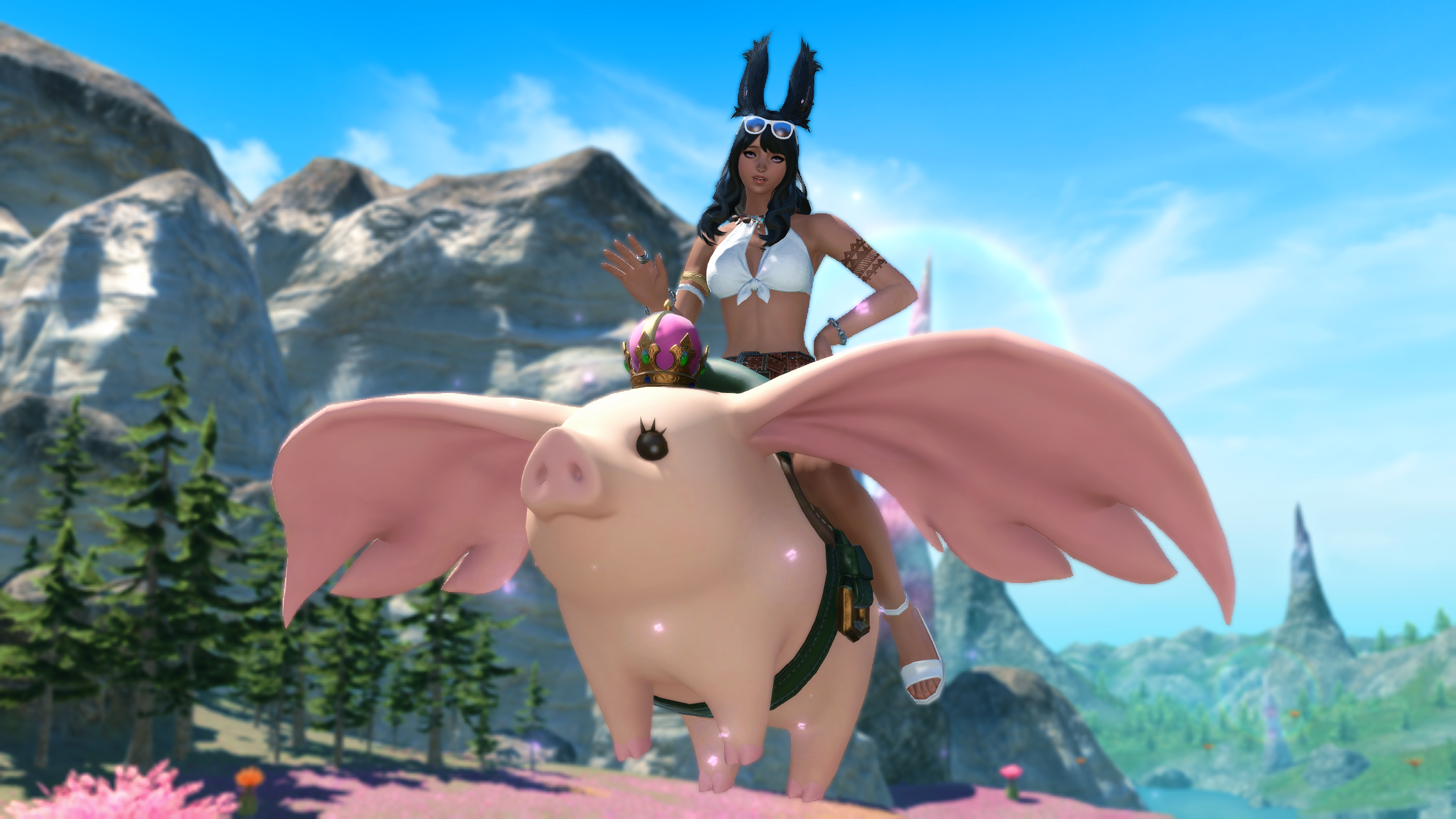 A female Viera sits atop the Porxie King mount, looking slightly ashamed as if she's trying to explain something.