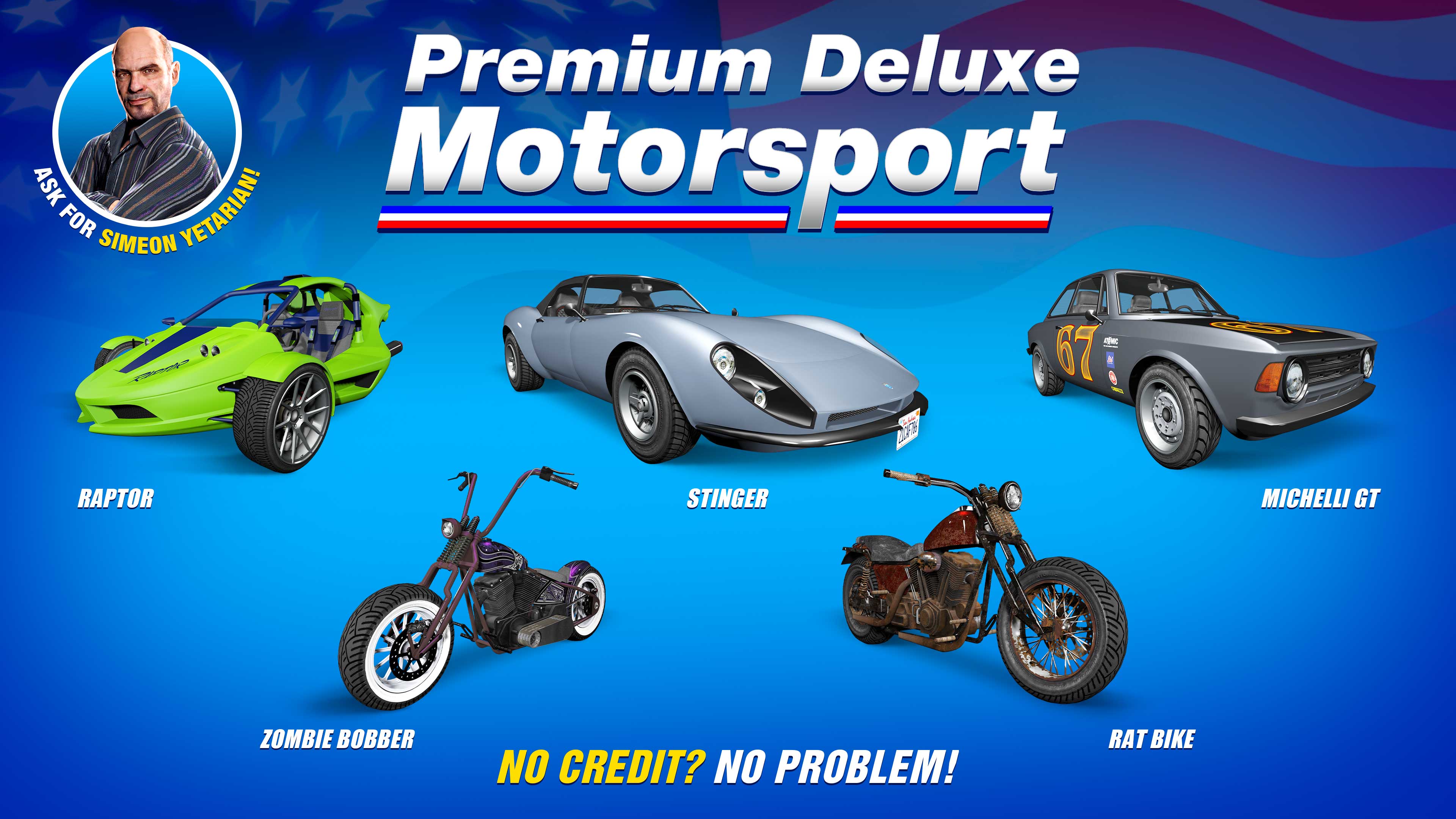 GTA Online promo art for Premium Deluxe Motorsport vehicles this week