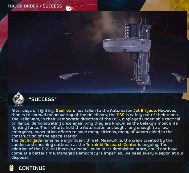 An image that shows a sarcastic dispatch in Helldivers 2.