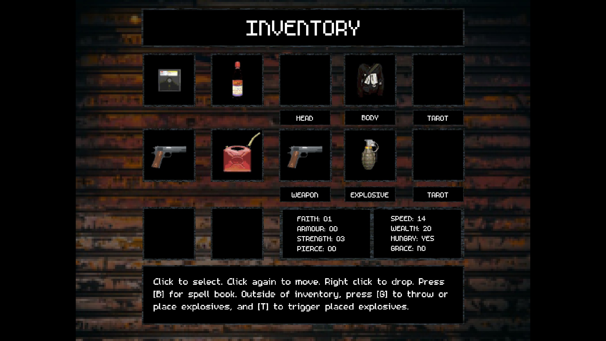 An inventory screen showing pistols, bottles, a can of gasoline, and a grenade.