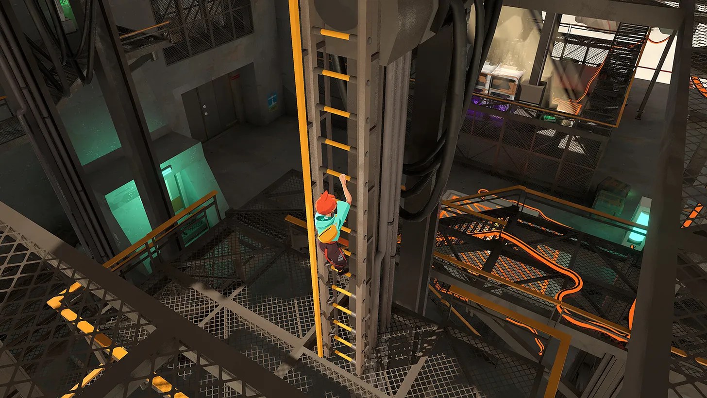 A screenshot from Caravan SandWitch featuring a redhead character climbing a ladder in a warehouse