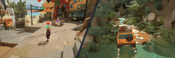 An animated gif showing two frames from Caravan SandWitch side by side, with the one on the left showing a redheaded character running through a seaside town, and the one on the right showing an orange off-road vehicle driving through wilderness