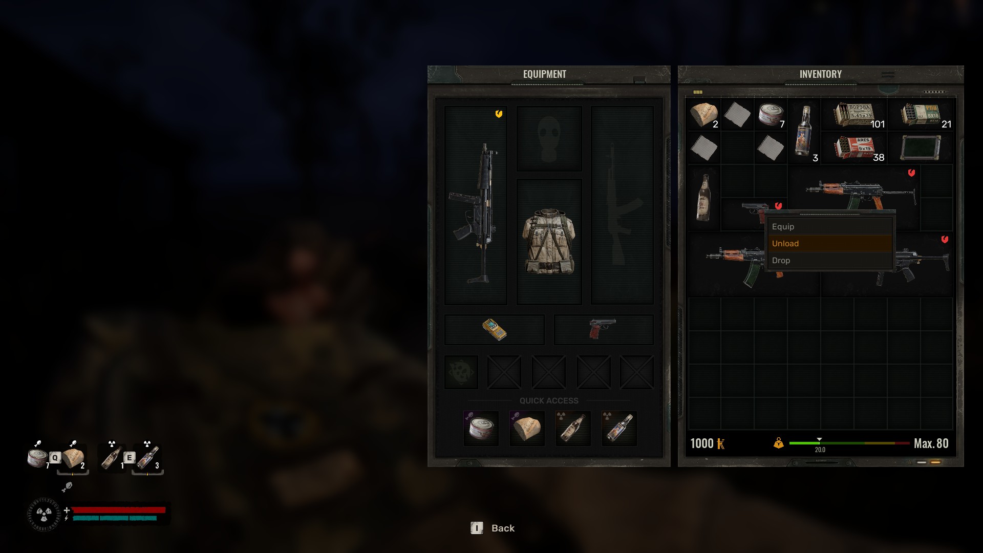 A player uses the menu to unload a weapon in STALKER 2