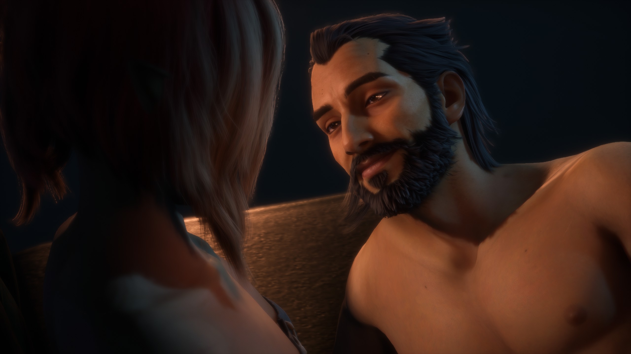 Lucanis lays on Rook's lap in the Lighthouse without a shirt on