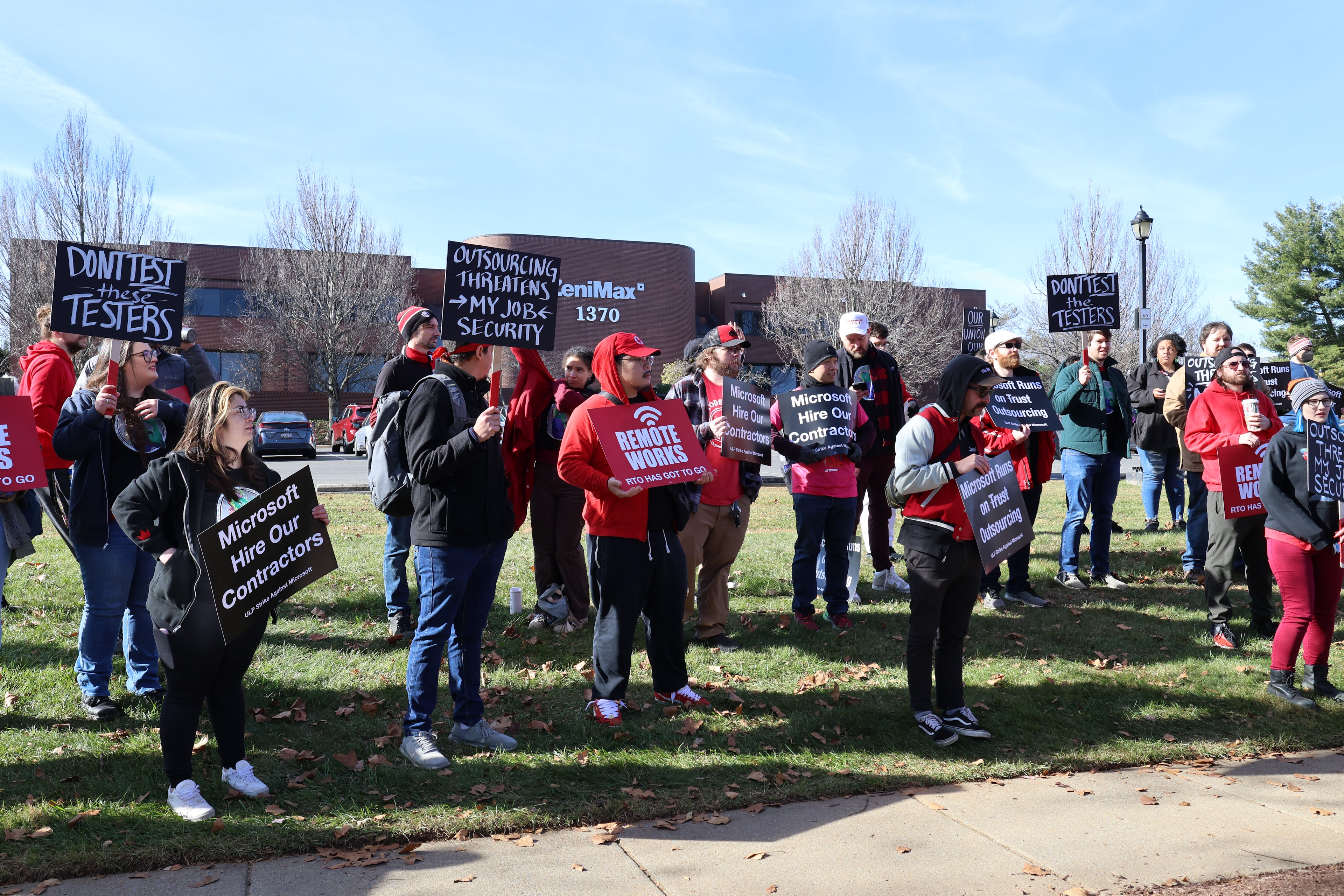 Image of striking ZeniMax Workers United employees at Rockville, Maryland - November 13, 2024