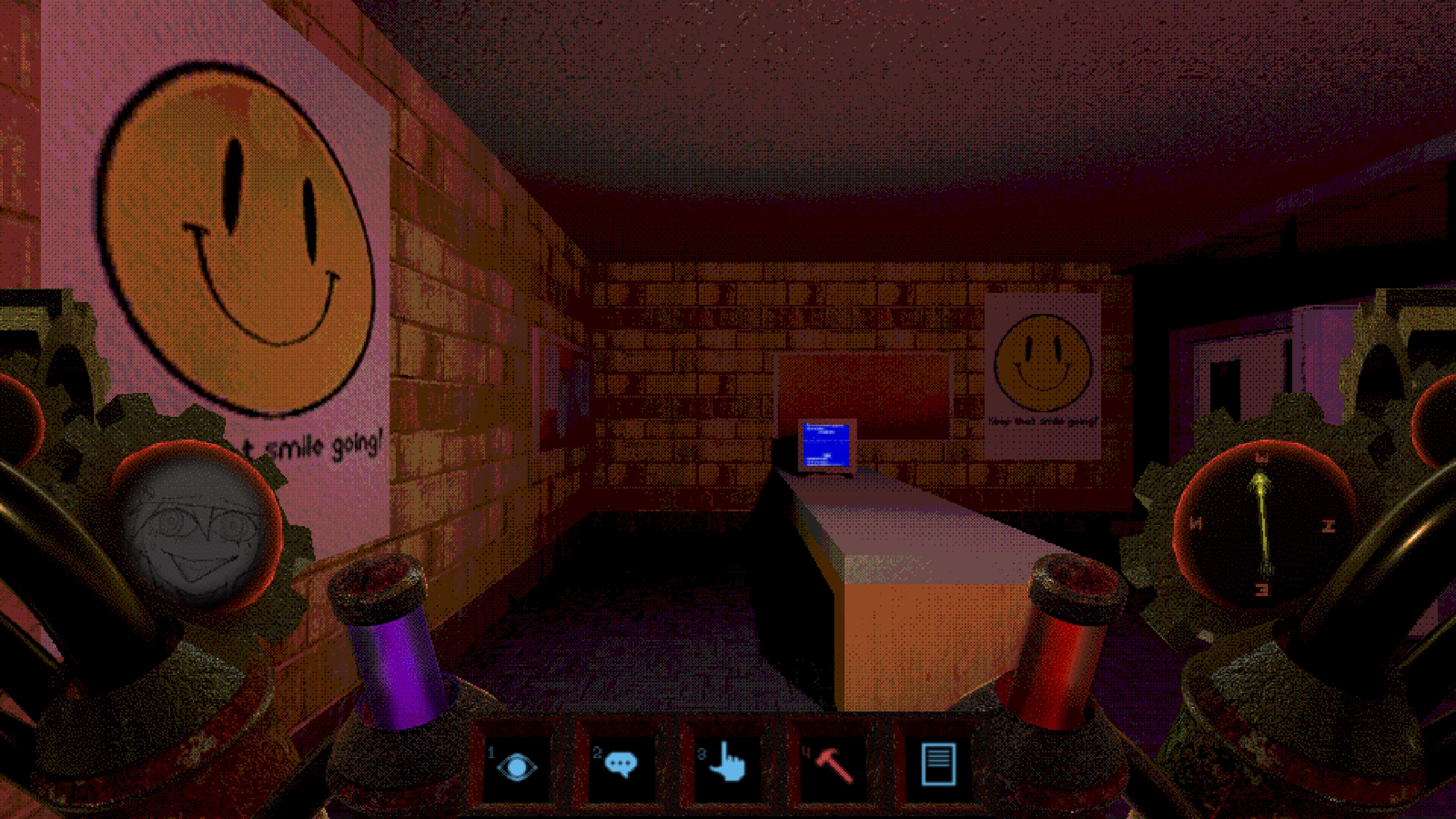 Nondescript office with CRT monitor and smiley face poster in Psychopomp.