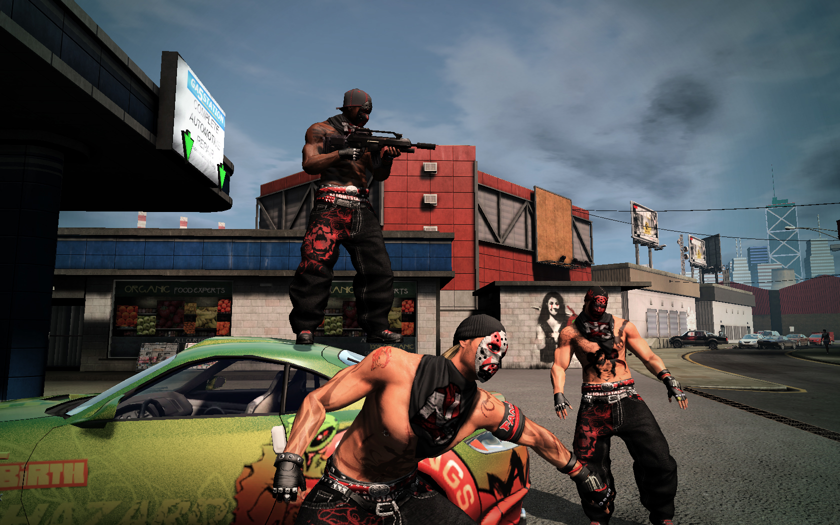 Some tattooed gangsters standing around and on top of a lime green sports car in APB All Points Bulletin