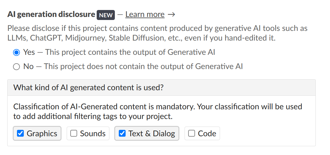 Screenshot of Itch.io’s AI-generated content disclosure fields, noting that “classification of AI-generated content is mandatory” and offering separate click-boxes to check for graphics, sounds, text & dialogue, and code