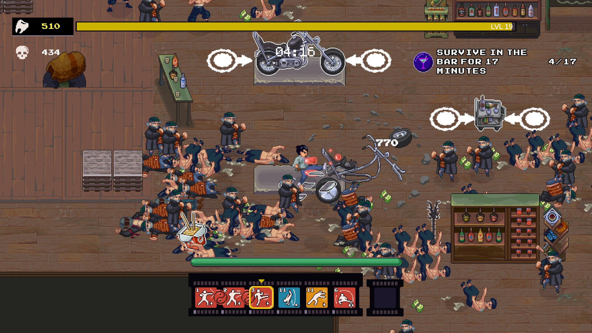 In Karate Survivor, the player character fights in a bar and kicks a motorcycle towards enemies