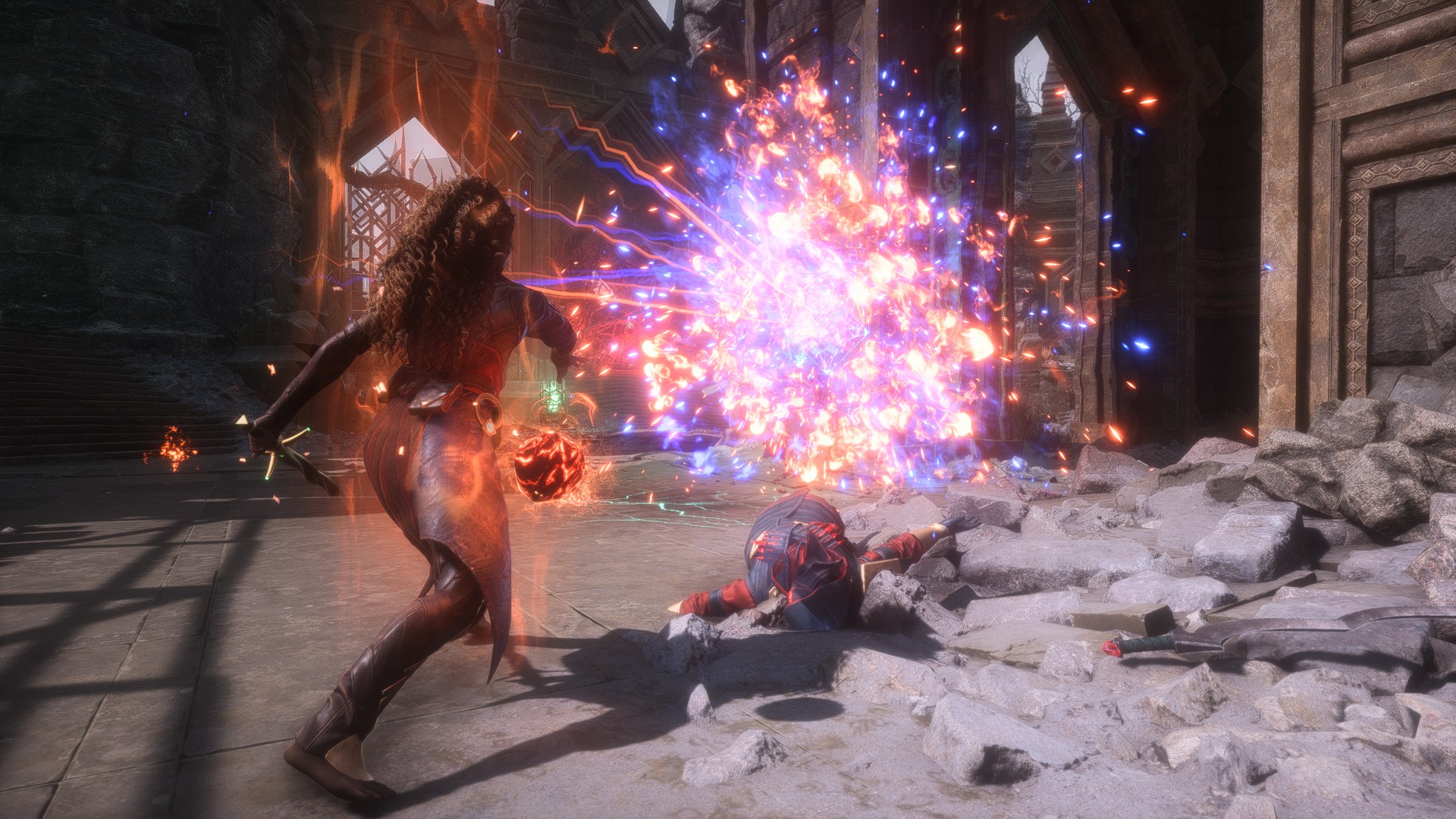 A mage casting a fire spell in Dragon Age: The Veilguard.