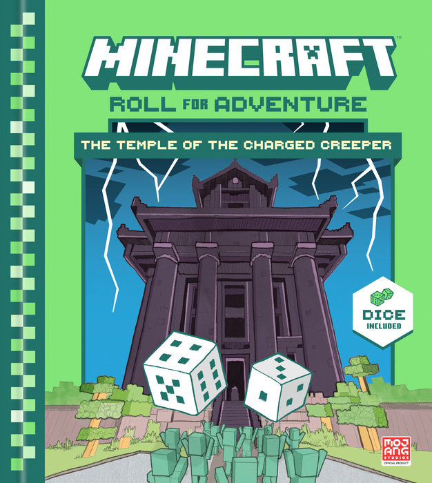 The cover of the book Minecraft: Roll for Adventure: The Temple of the Charged Creeper, with two six-sided dice superimposed over a temple backed by lightning and surrounded by shrubs made of blocks. A mob of blocky but otherwise featureless green people are moving toward the temple, arms raised in the air.